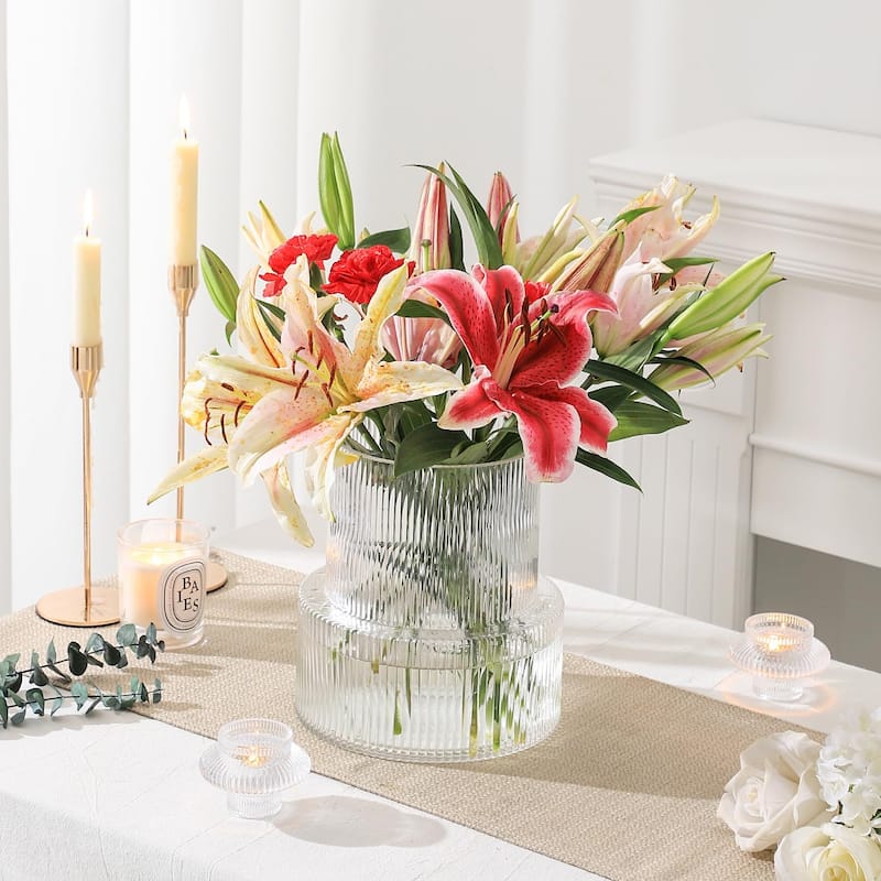 Ribbed Glass Vase, Large Glass Vase, Flower Vase, Fluted Glass Vase for Flowers, Modern Vase, Clear Glass Vase