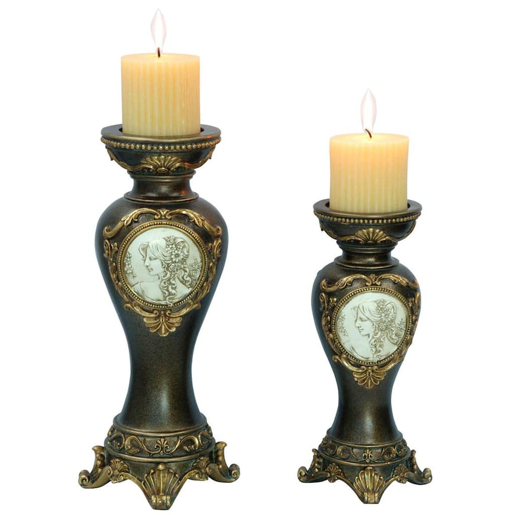 HomeRoots Set Of Two Bronze Greek Cameo Pillar Candle Holders - 7
