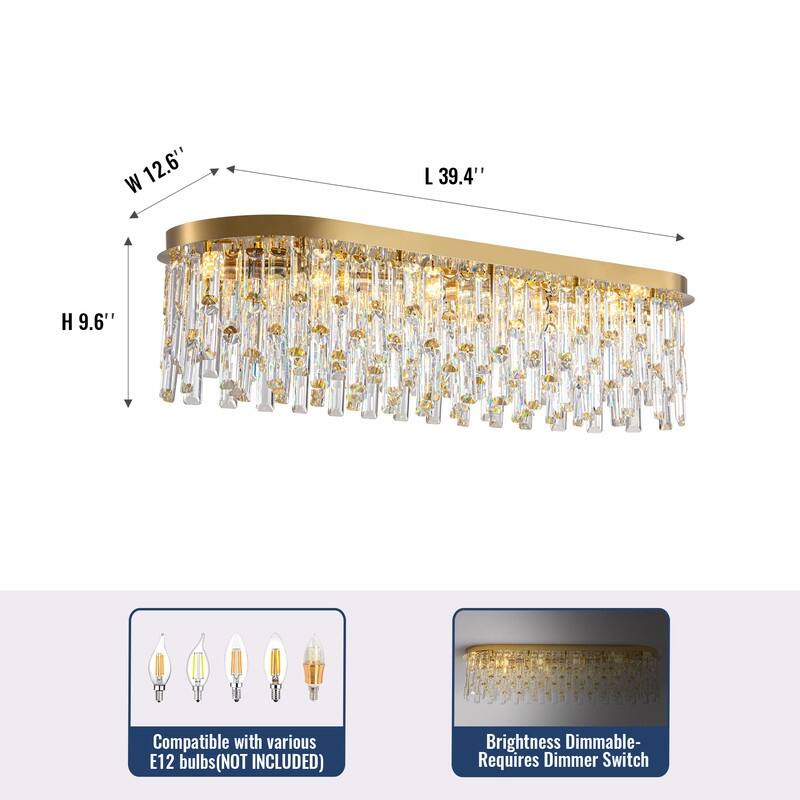 39.3 in. Brass Modern Luxury Crystal Chandelier Rectangular Flush Mount Ceiling Light for Dining Room Living Room