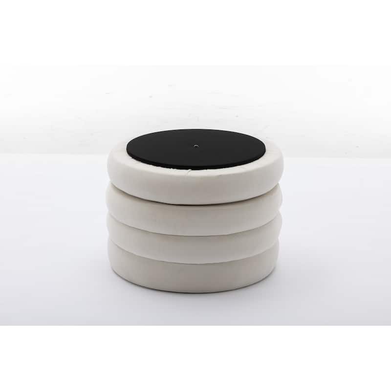 Velvet Fabric Storage Round Ottoman Footstool With Wooden Shelving