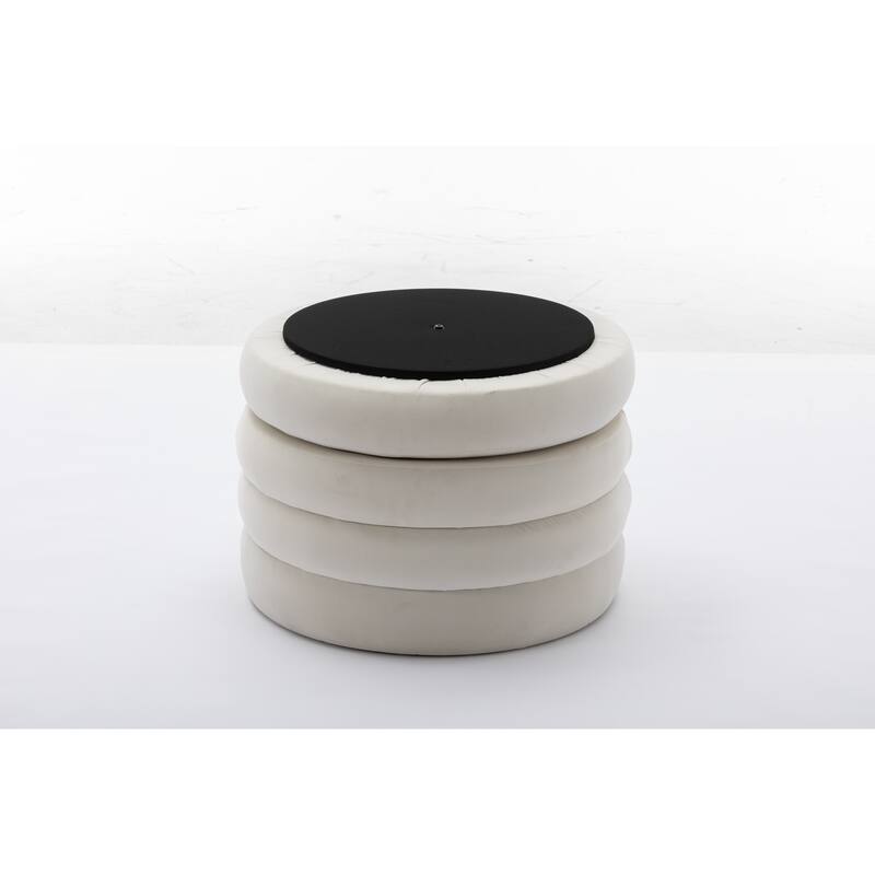 Velvet Round Ottoman with Storage, Footstool with Wooden Shelving, Multifunctional Round Vanity Stool for Makeup