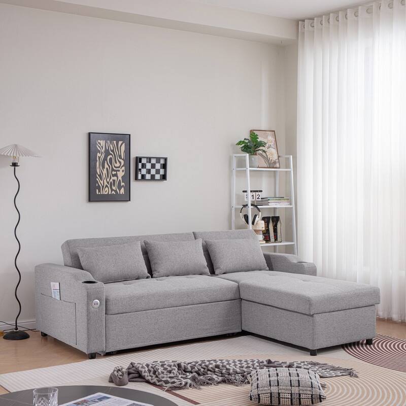 Modern Upholstered Linen Sleeper Sofa Sectional with Chaise,Pull Out Couches with USB Ports & Cup Holders