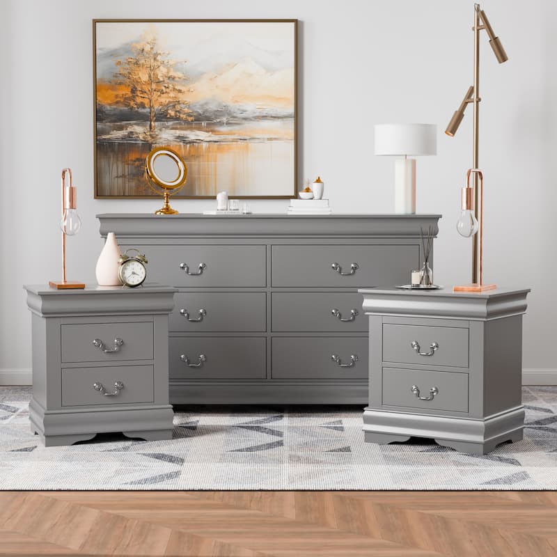 Furniture of America Devi Traditional 3-Piece Solid Wood Nightstand and Dresser Set - Grey