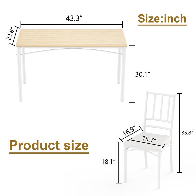 5-Piece Dining Set, 43.3" Rectangle Wood Table with 4 Steel Chairs