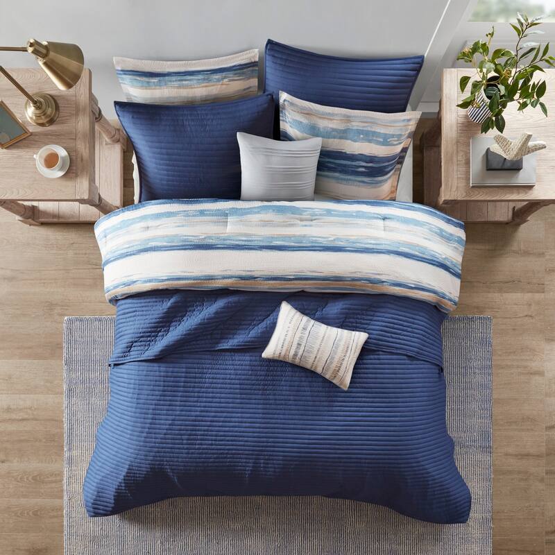 GDF Studio - Marina 8-Piece Printed Seersucker Comforter and Quilt Set Collection with Decorative Pillows
