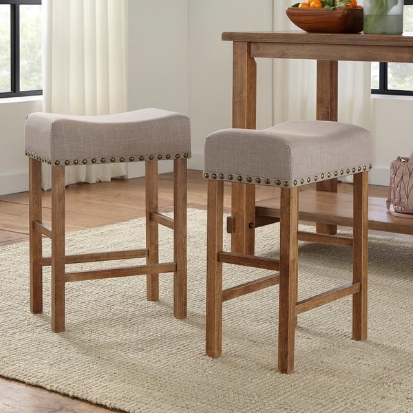 slide 2 of 6, Simple Living Hathaway Nailhead 24-inch Counter Height Saddle Stool (Set of 2)