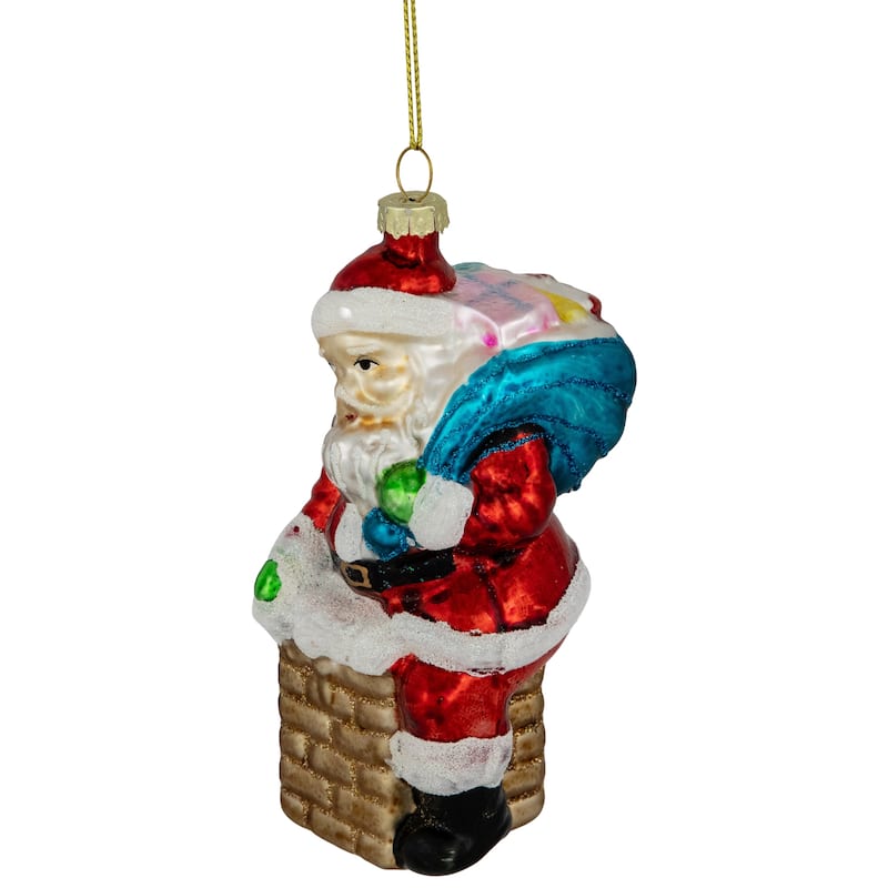5" Santa Down the Chimney Hanging Glass Christmas Ornament