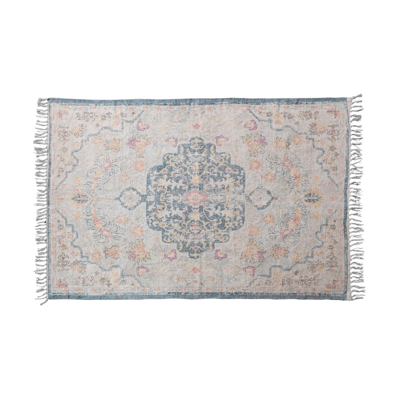 Cotton Chenille Distressed Print Rug with Fringe