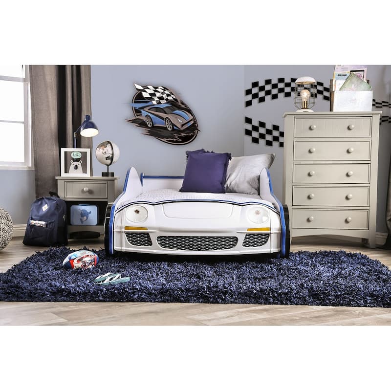 Modern Twin Bed Police Car Design with LED Lights, High Gloss Finish, and Metal Structure