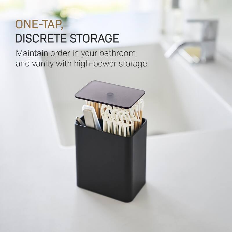 Yamazaki Home Cotton Swab Push-Top Case, ABS Plastic, 200 cotton swabs, Lid - L 2.6 x W 3.78 x H 4.25 inches