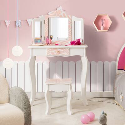 Kid Vanity Set Wooden Makeup Table Stool Tri-Folding Mirror Pink