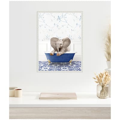 Kate and Laurel Sylvie Baby Elephant No6 in Eclectic Blue Bath Framed Canvas by Amy Peterson