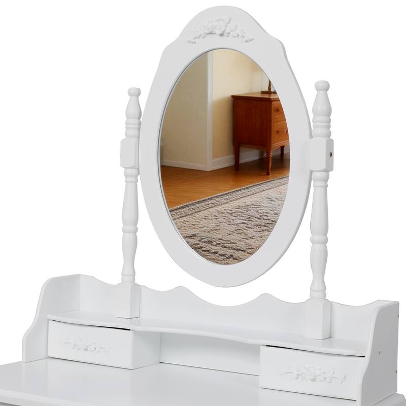 White Princess Vanity Set with Mirror & Cushioned Stool, 4-Drawer Makeup Dressing Table