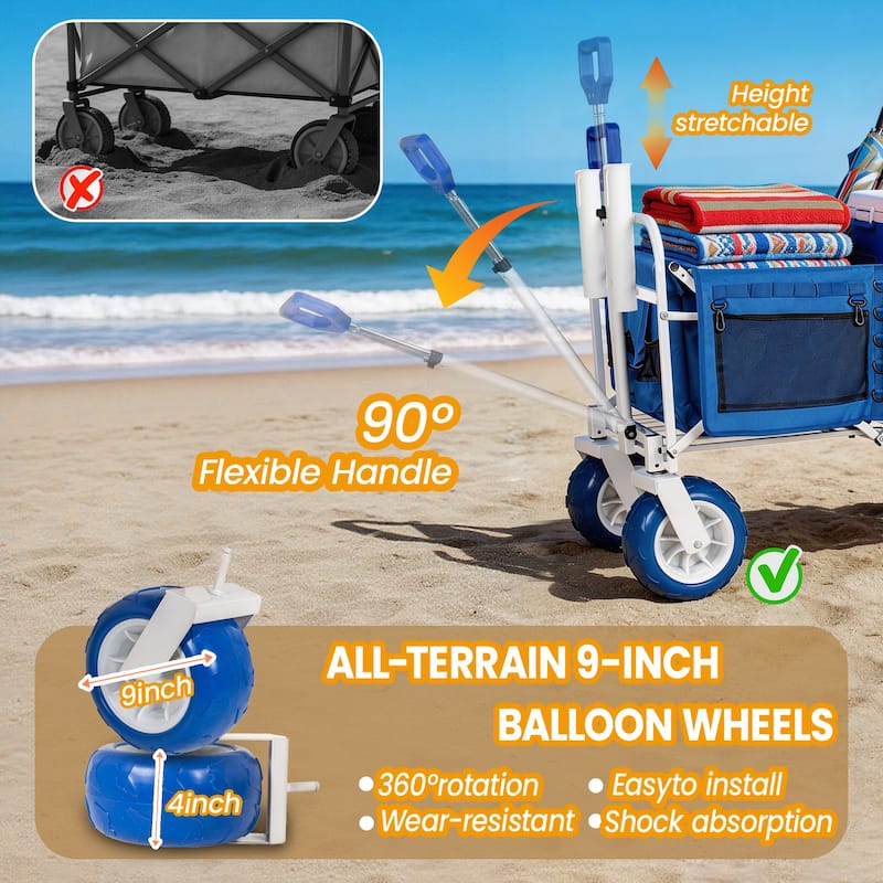 Beach Wagon Cart with Rod Holders and 9" All-Terrain Wheels, 500lbs Heavy Duty Collapsible Folding Wagon, Adjustable Handle