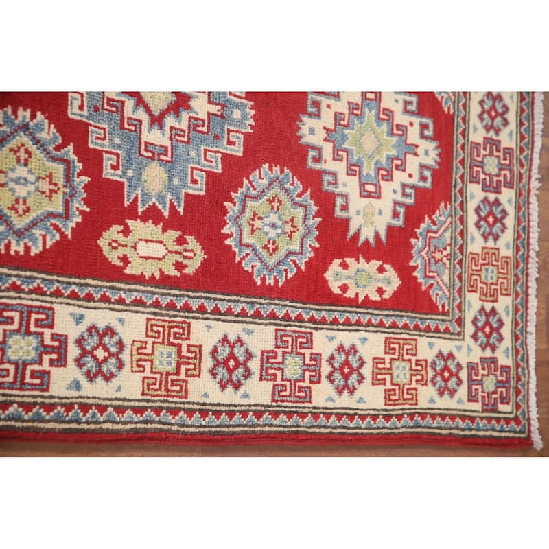 Hand Knotted Oriental 100% Wool Carpet Traditional Geometric Red Kazak Runner Rug - 6' 8'' X 2' 9''