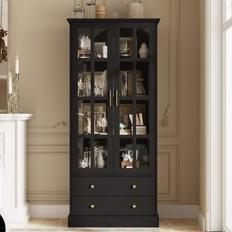 Glass Cabinet 70.1"White Display Curio Storage Cabinet with Glass Door