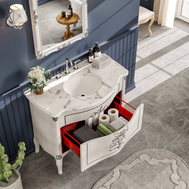 Monaco 38"W Ivory Bath Vanity with Carrara Quartz Top & Porcelain Sink