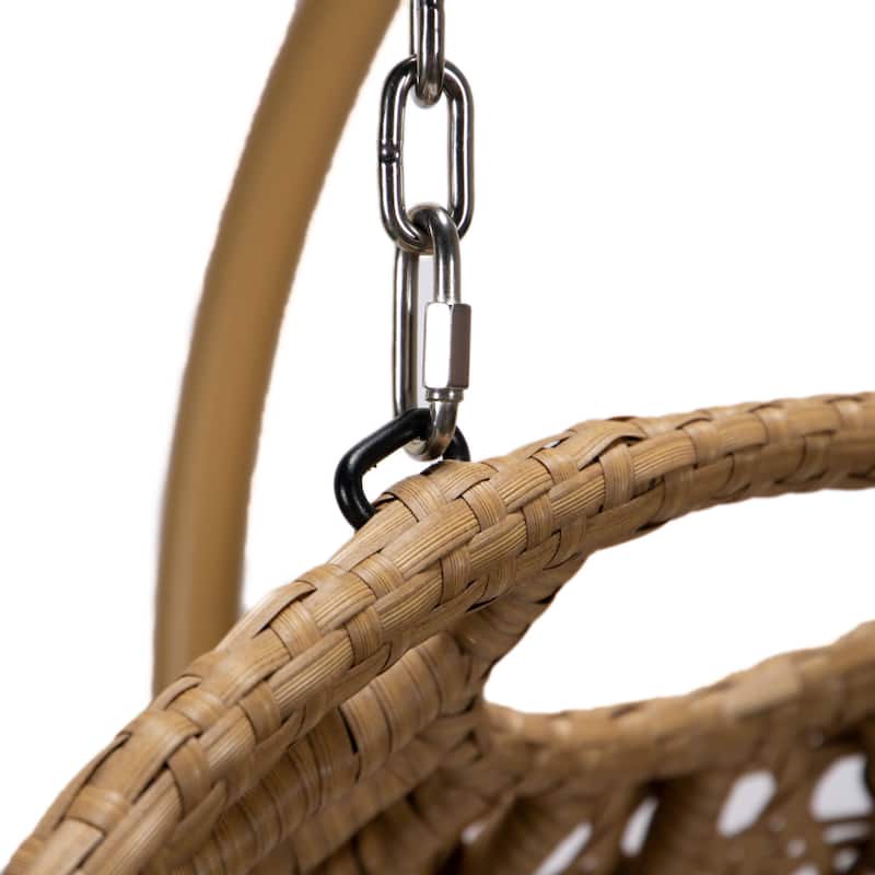 LeisureMod Mendoza 2-Person Hanging Egg Swing Chair - Handcrafted Light Brown Wicker, Patio Hammock Lounger with Cushions - 53"