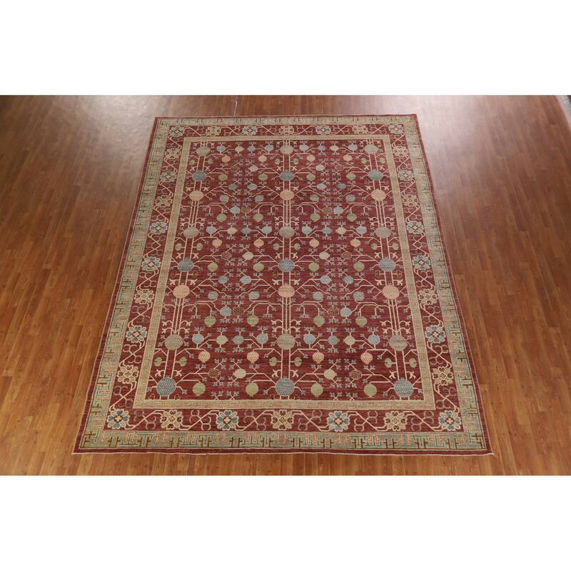 Hand Knotted Oriental 100% Wool Carpet Transitional All-Over Red Oushak Area Rug - 11' 11'' X 9' 4''