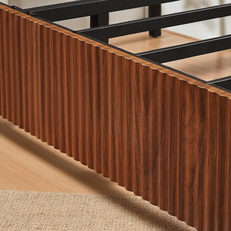 Queen Size Wooden Bed Frame with Corrugated Curved Headboard, Heavy-Duty Metal Support, No Box Spring Needed