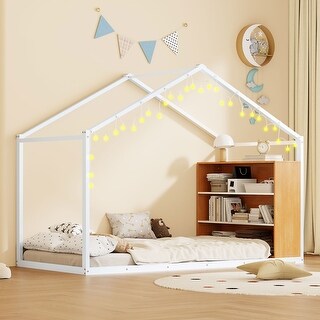 Twin Size House Bed, Metal Bed Frame with Wood Shelves, White