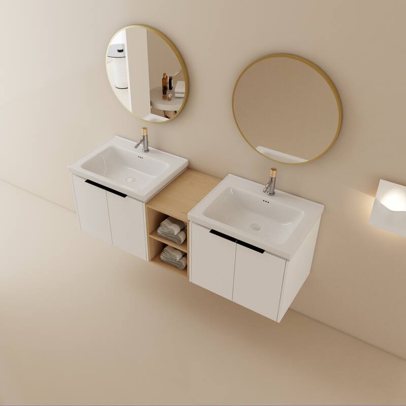Wall-Mounted Vanity with Double Ceramic Basins, Soft-Close Doors, Metal Handles, and Ample Storage Space - 59.6in L Plywood