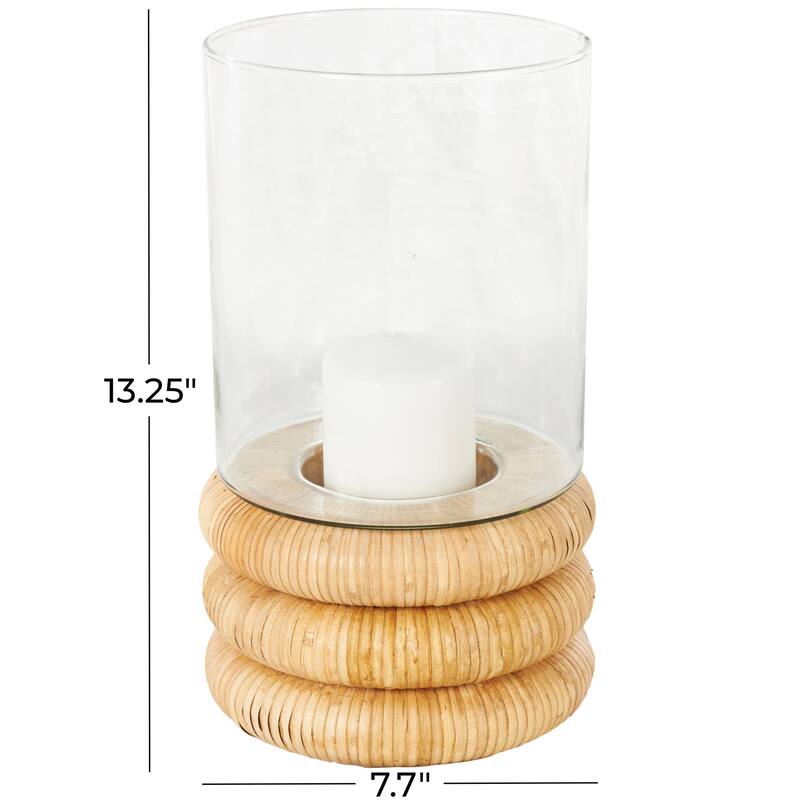 Clear Glass Round Room Hurricane Lamp with Light Brown Woven Base - 8"W x 8"L x 13"H