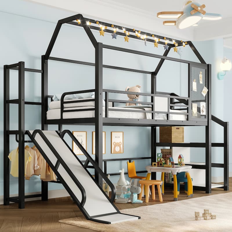 Fun Play House-shaped Loft Bed Metal Bed Frame with Grid and Shelves