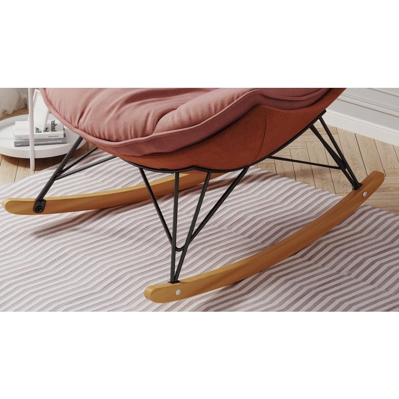 Pink Modern 43.3" Velvet High Back Rocking Chair with Detachable Seat Cushion and Natural Wood Frame