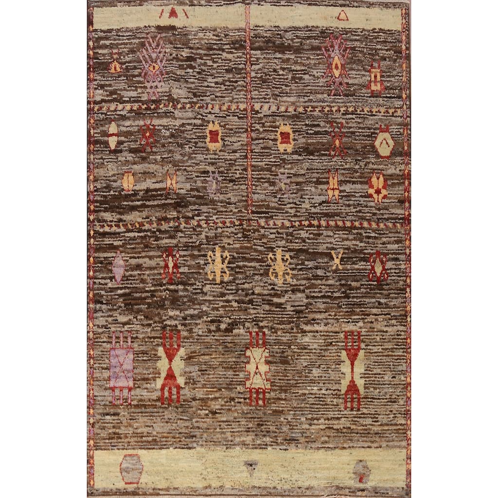 Geometric Moroccan Oriental Area Rug Hand-Knotted Brown Wool Carpet - 6'8" x 9'8"