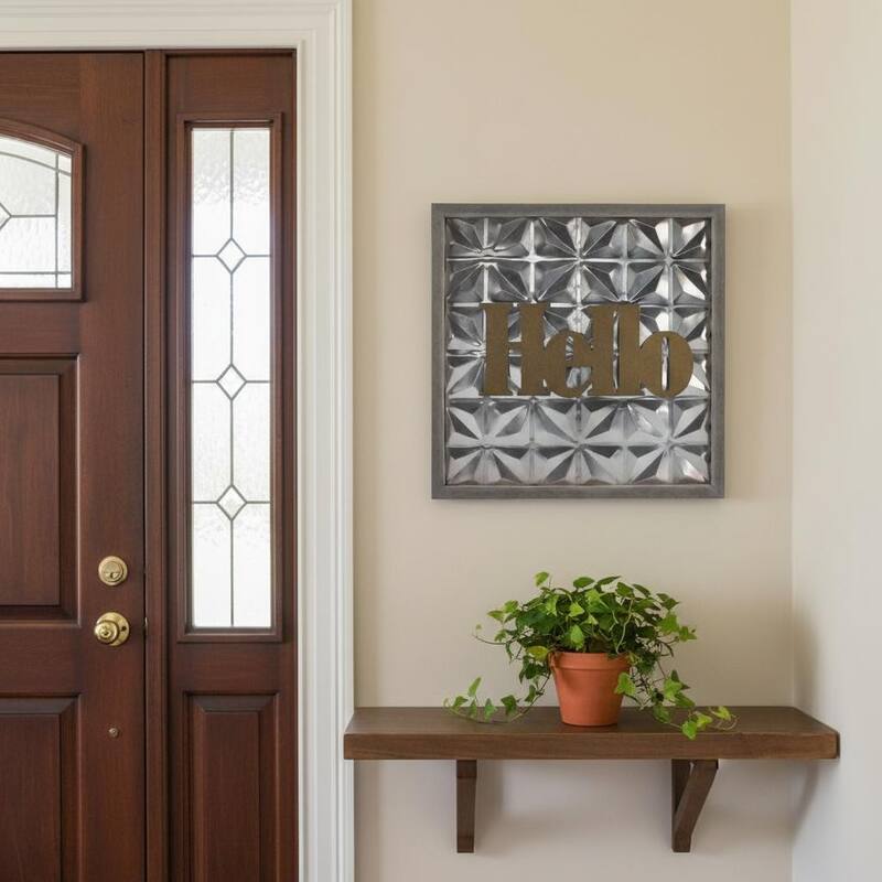 HomeRoots 14" X 14" Brown And Silver Hello Metal Square Wall Decor - Brown/Silver - 14.00 in. x 14.00 in.  x 1.50 in.