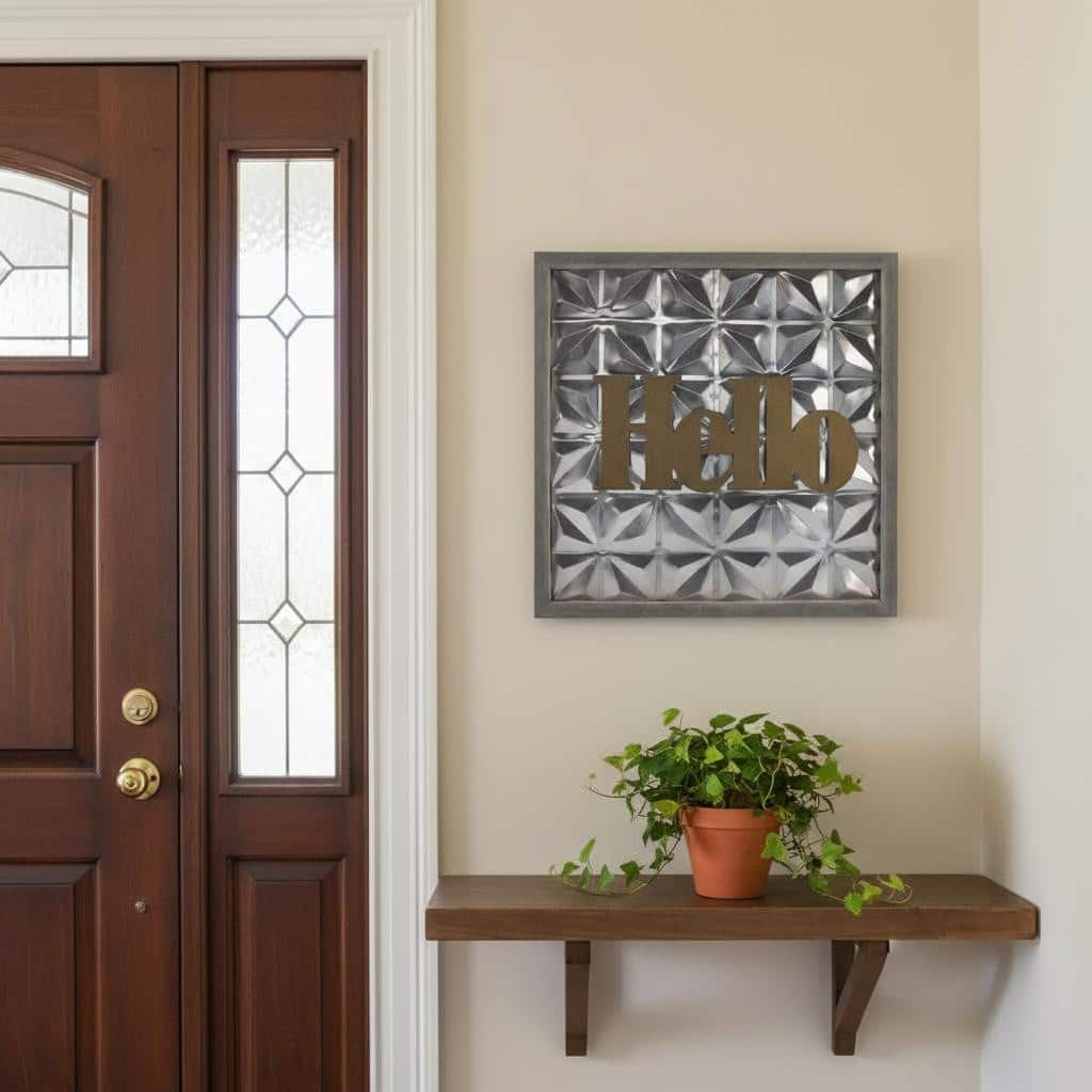 HomeRoots 14" X 14" Brown And Silver Hello Metal Square Wall Decor