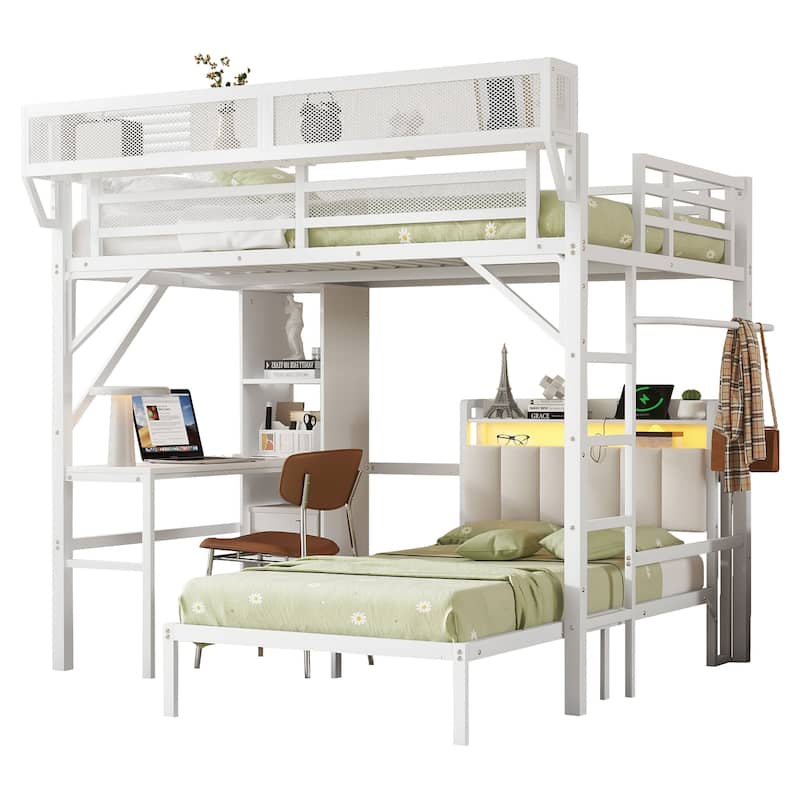 Full over Twin Metal Bunk Bed with Desk and Bookshelves,Detachable Metal Bunk Bed with LED and Charge Station