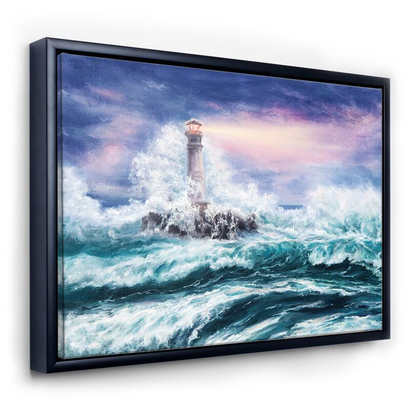 Designart "Lighthouse Wild Blue Ocean Waves" Nautical & Coastal Framed Canvas Wall Art Print