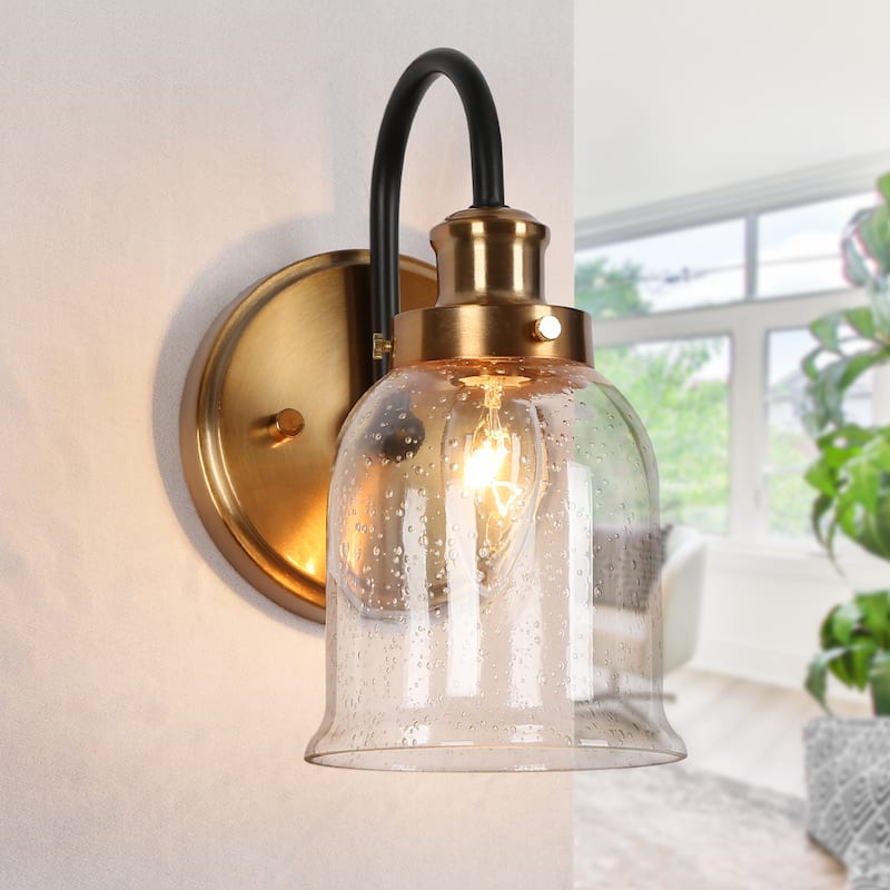 Modern 1-Light Black Gold Wall Sconces Bell Seeded Glass Bathroom Vanity Lighting - 4.7" L x 7" W x 9" H