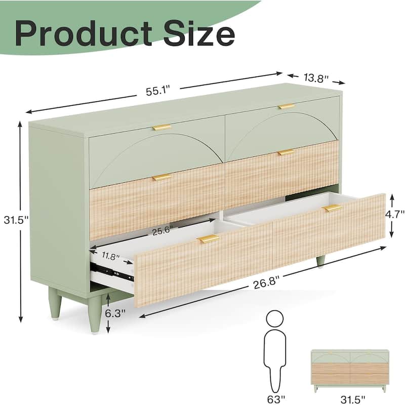 55 Inches Dresser for Bedroom, Green Long Double Dresser Organizer Wood Cabinet