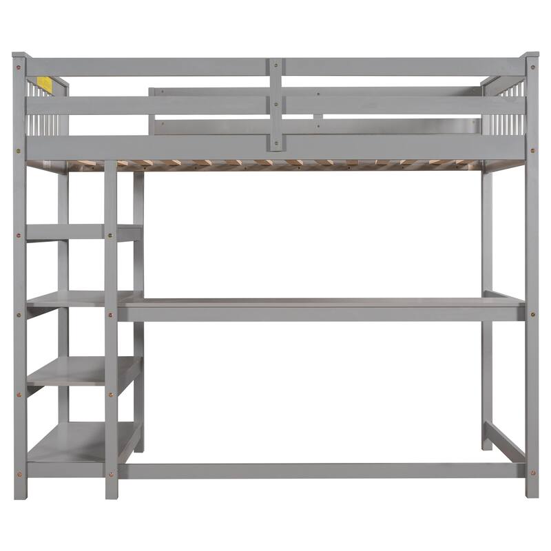 Twin Size Loft Bed with Storage Shelves and Under-bed Desk, Gray