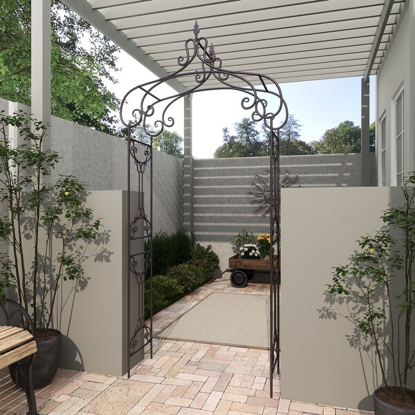 Black Metal Indoor Outdoor Scrollwork Arched Fleur De Lis Garden