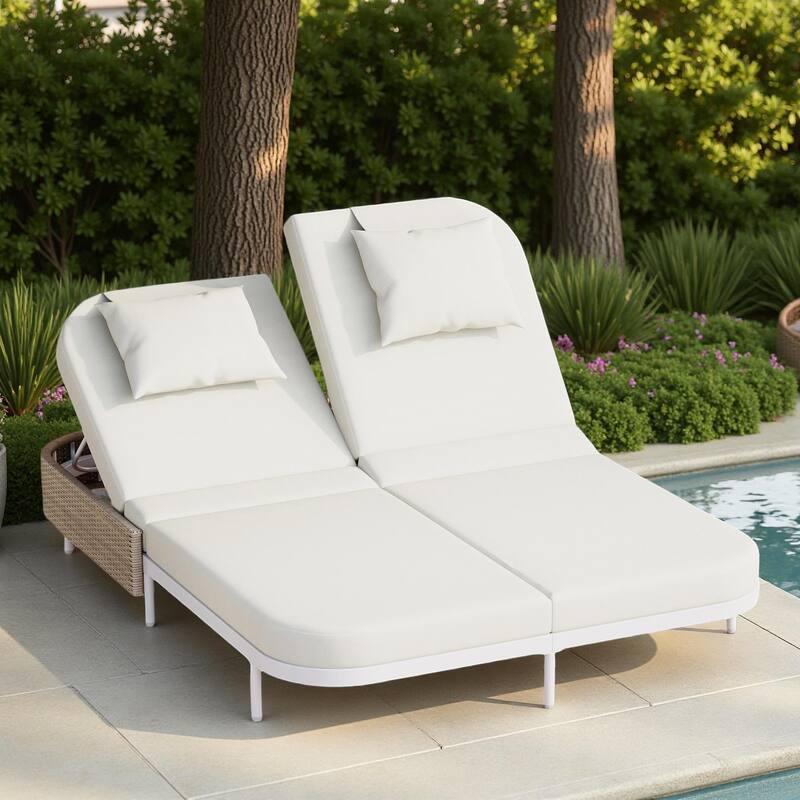 Outdoor Patio Iron Frame Double Daybed Sunbed with 5-Position Adjustable Backrest and Pillows - Beige+White