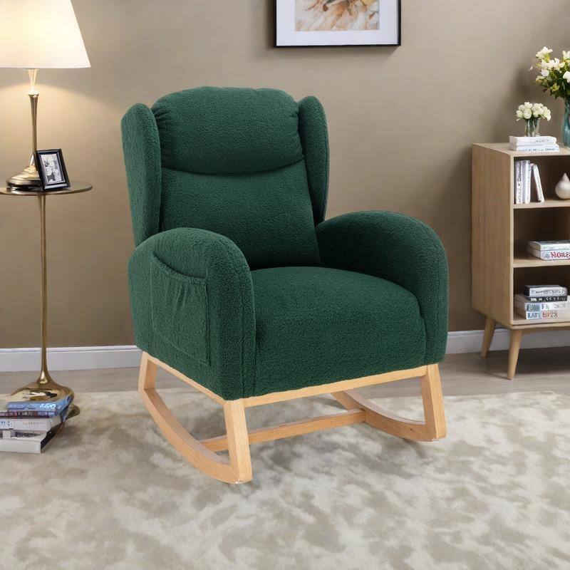 Teddy Fabric Rocking Chair with Wooden Legs and 300lb Capacity - Green