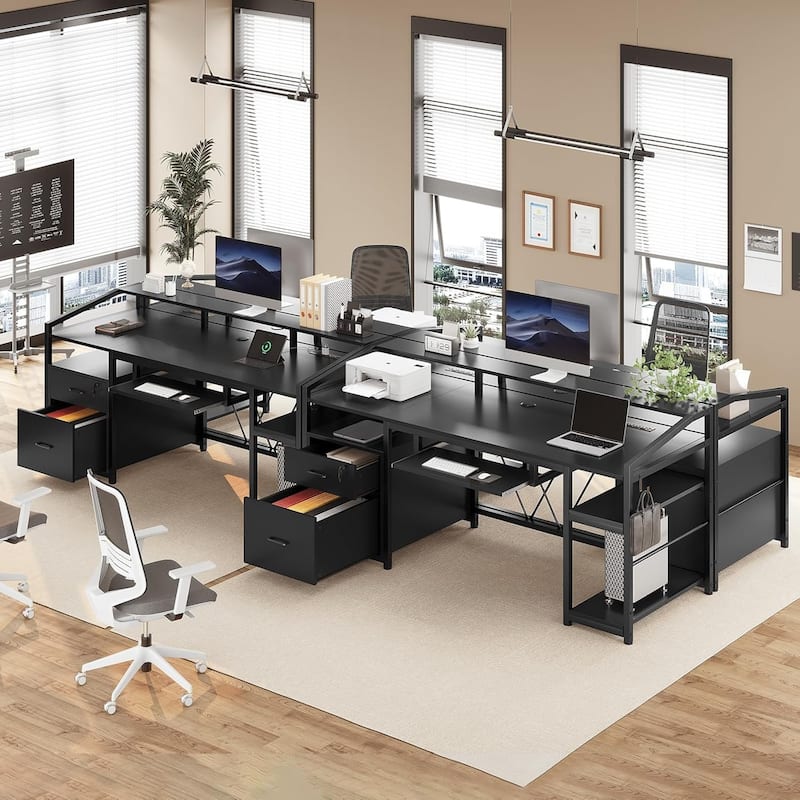 LED Computer Desk With Lock Drawers Keyboard Tray Power Outlet