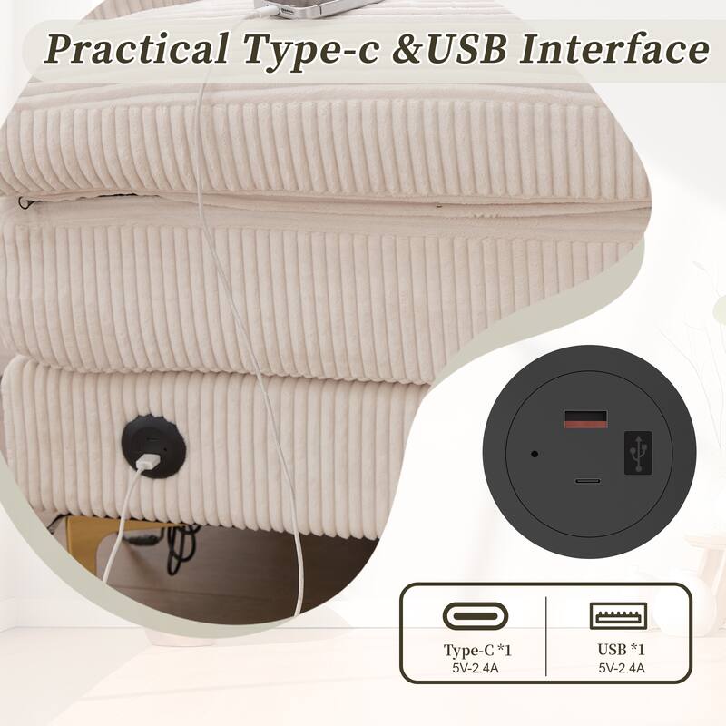 HOMEFUN Corduroy Upholstered U-shaped Adjustable Light Modular Sectional Sofa With Type-C and USB ports