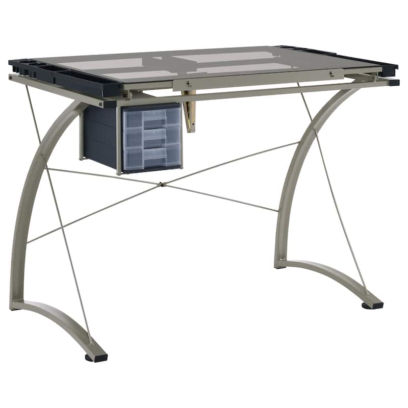 Melo 41-inch Glass Top Drafting Table with Storage Silver - Silver