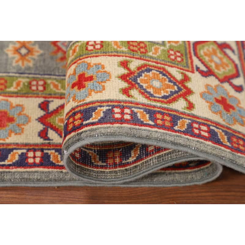 Geometric Kazak Accent Rug Hand-Knotted Grey Wool Carpet - 2'8" x 4'1"