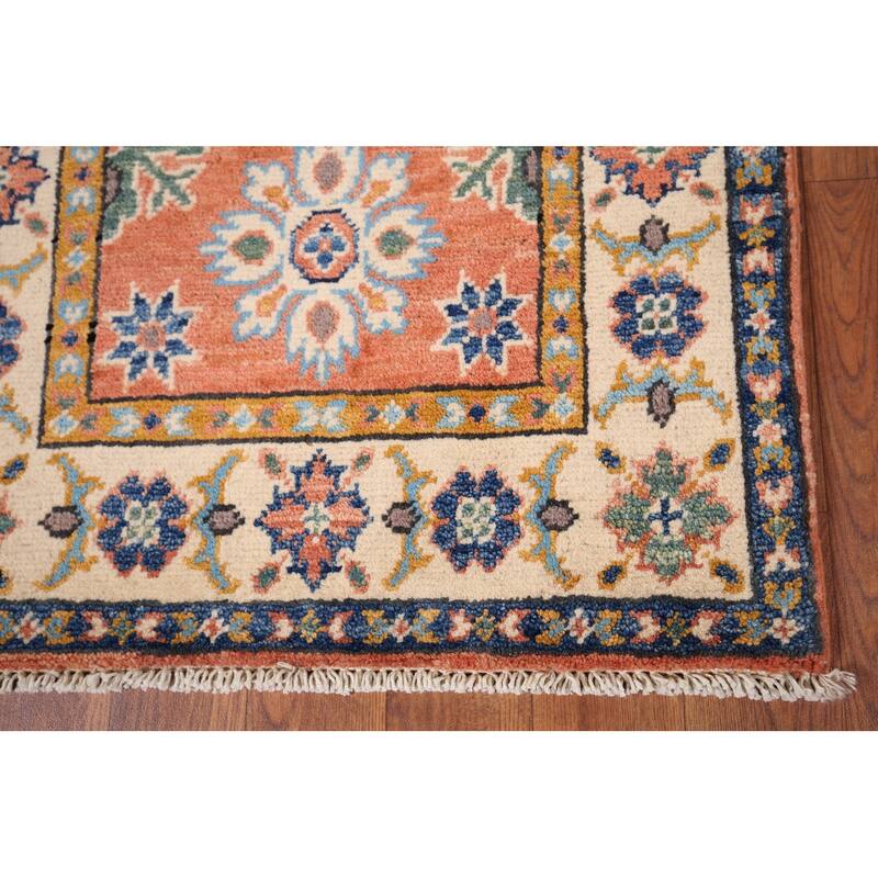 Geometric Kazak Accent Rug Handmade Orange Wool Carpet - 2'0" x 3'0"