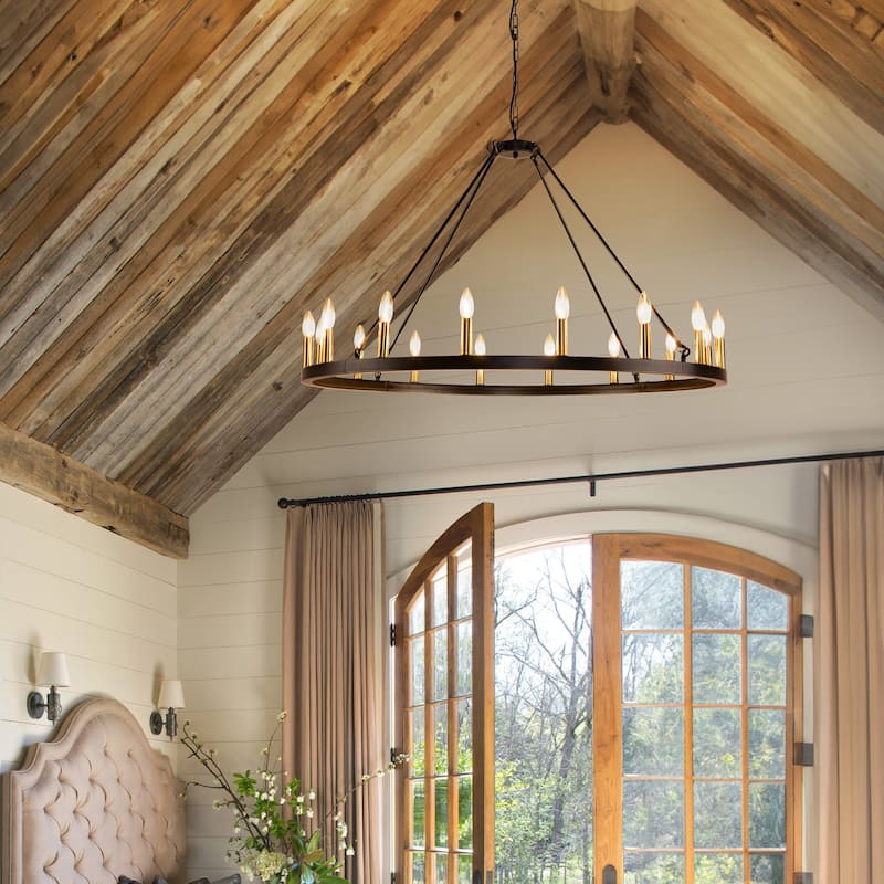 16-Light Black Wagon Wheel Chandelier Farmhouse Chandelier Diam 43-inch Large Round Pendant Light Fixture