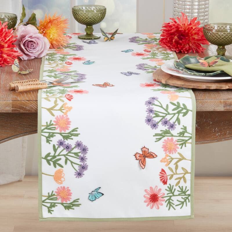 Embroidered Floral Butterfly Table Runner - Non-Reversible Decorative Table Runner, 16"x70"