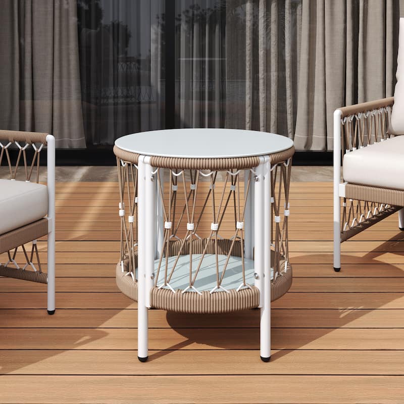 Roomfitters 17.32" Bohemian Outdoor Side Table, Handwoven Rope Patio End Table with Glass Top and Steel Frame, Beige - Beige+Natural