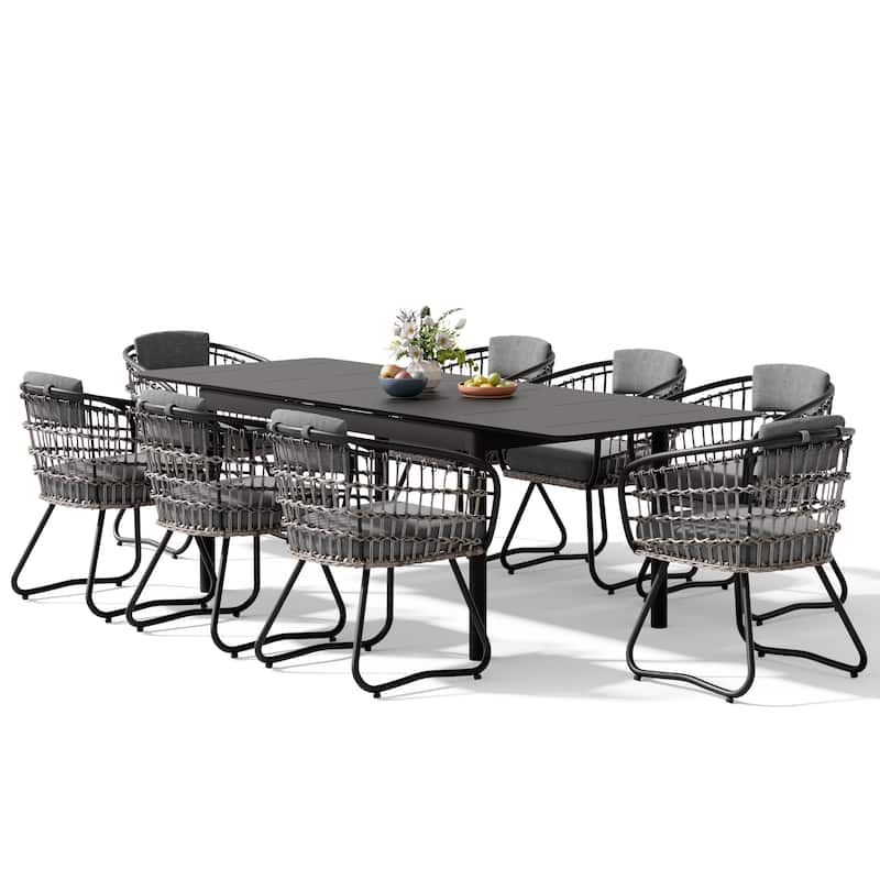 7/9PC Outdoor Aluminum Expandable Patio Dining Sets Extension Table with Rattan Chair
