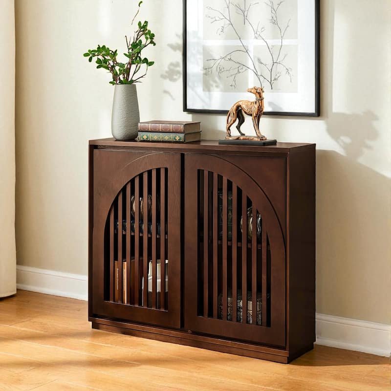 39" Mid Century Fluted Sideboard Cabinet with 2 Outlet Holes, Buffet Storage Cabinet for Entryway Kitchen Hallway - Dark Walnut